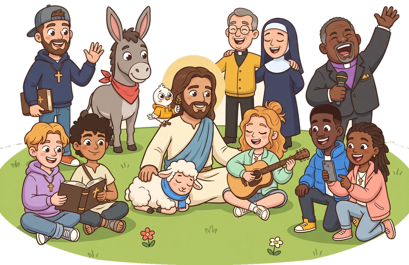 Jesus sitting on a hillside with Olive on his shoulder and the whole crew around him: guitar, Bible, phones, a sleeping lamb