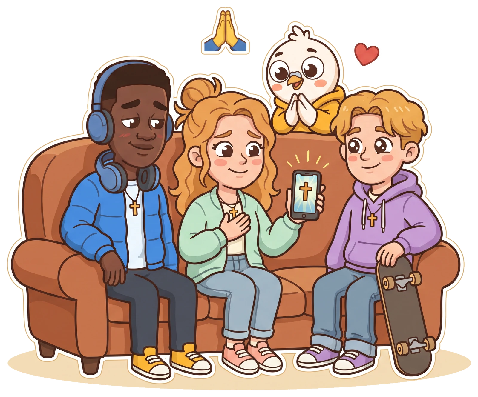 Kwame, Ellie and Ollie on a sofa, quietly moved by a worship video on one phone, Olive peeking over the back