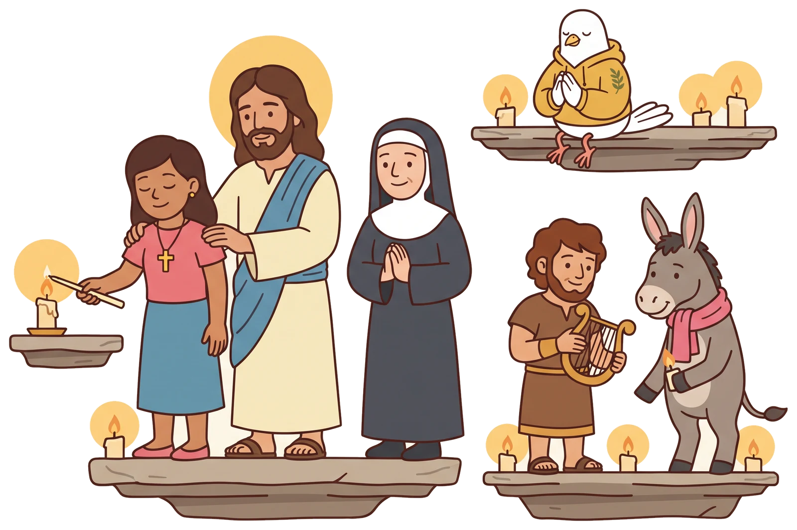 Zoe lighting a candle on a shelf of candles with Jesus's hand on her shoulder, Sister Joy praying, Olive praying on the top shelf, David and Donk adding candles