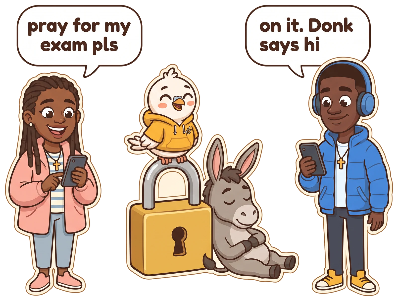 Ellie and Kwame texting each other, speech bubbles reading pray for my exam pls and on it, Donk says hi, Olive hugging a gold padlock with Donk asleep against it