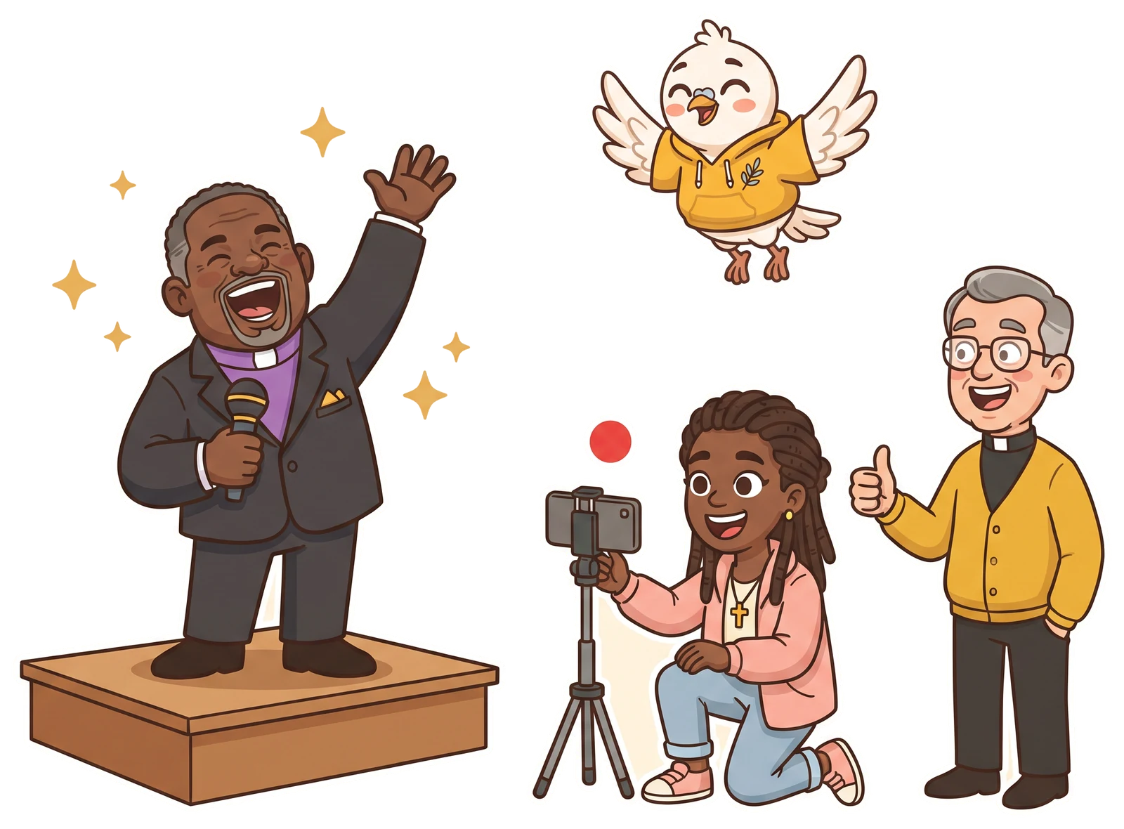 Bishop Marcus preaching with a microphone while Zoe films him on a phone on a tripod, Father Dave giving a thumbs up, Olive flying above