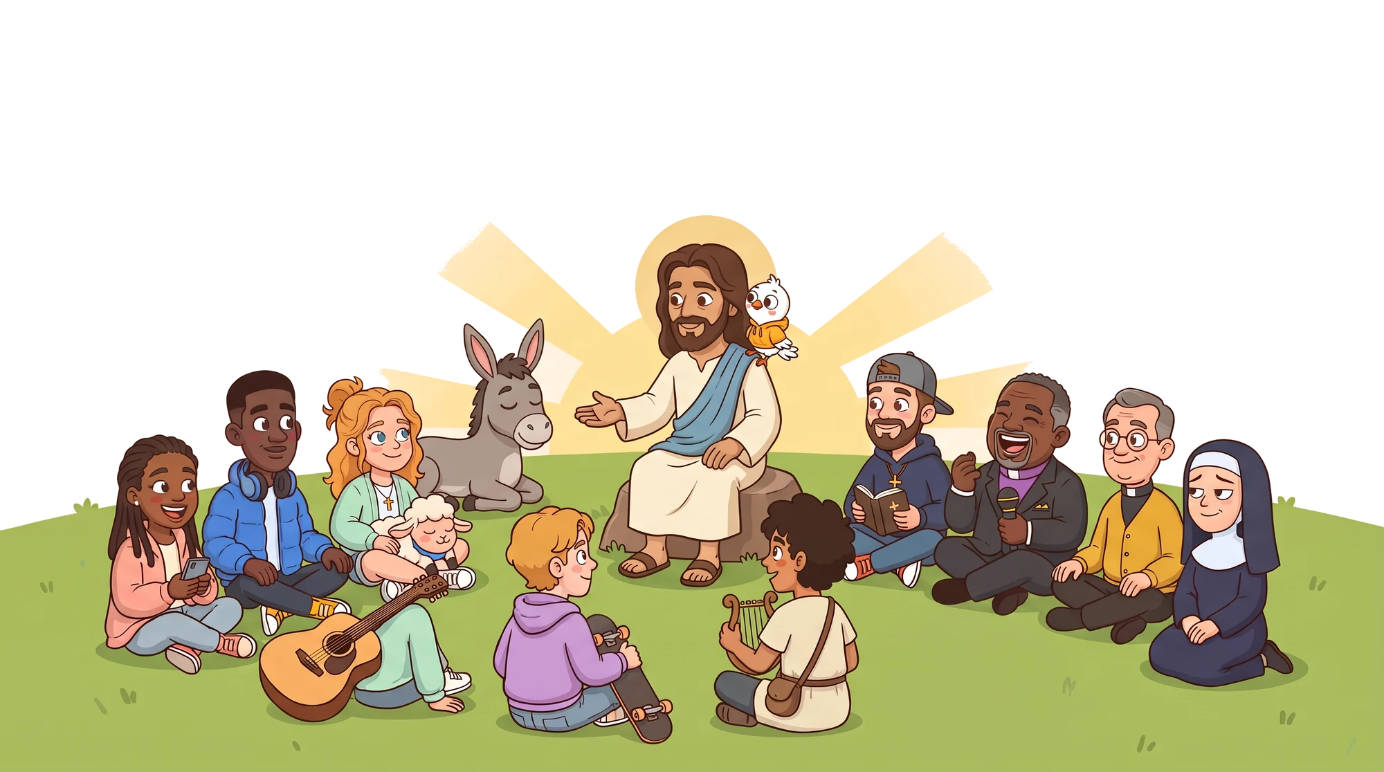 Jesus on a hillside telling a story, the whole cast sitting around him listening, Olive on his shoulder