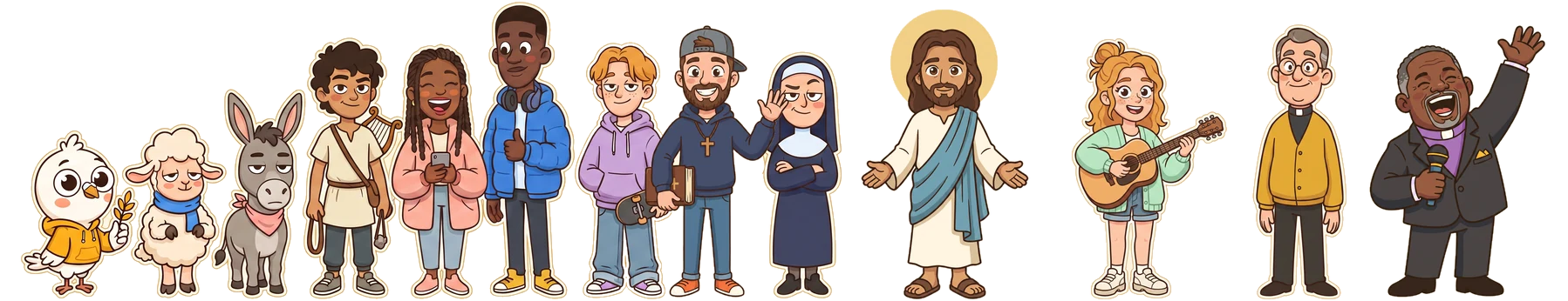 The whole cast in a row with Jesus in the middle